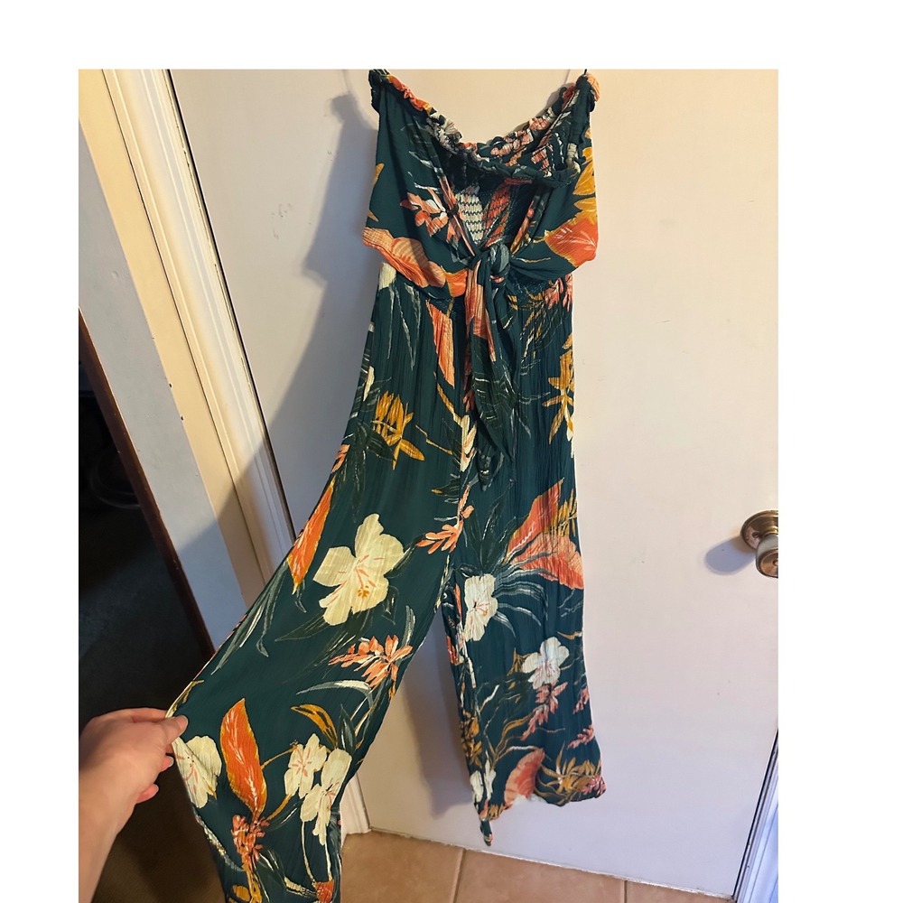 Patrons of Peace Jumpsuit Tropical Floral Wide Leg Smocked Green Woman's XS